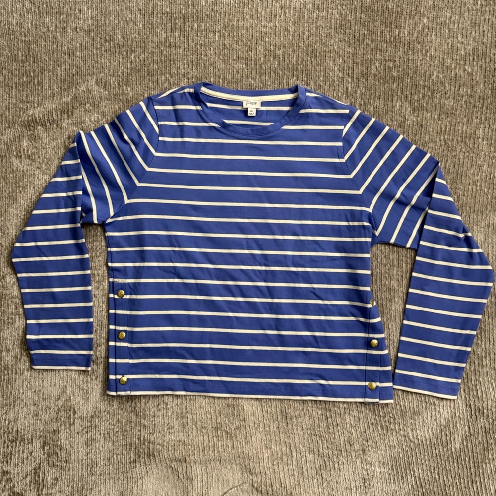 J.Crew Blue Striped Cotton Tee XL Gold Side Buttons Coastal Summer Preppy